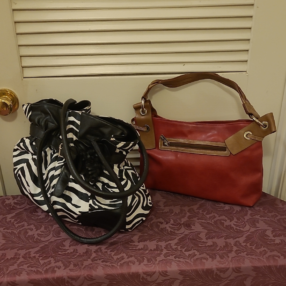 2 Elegant Hand Bags - Red and Brown Rina Rich & Zebra Print CATO shoulder bags.